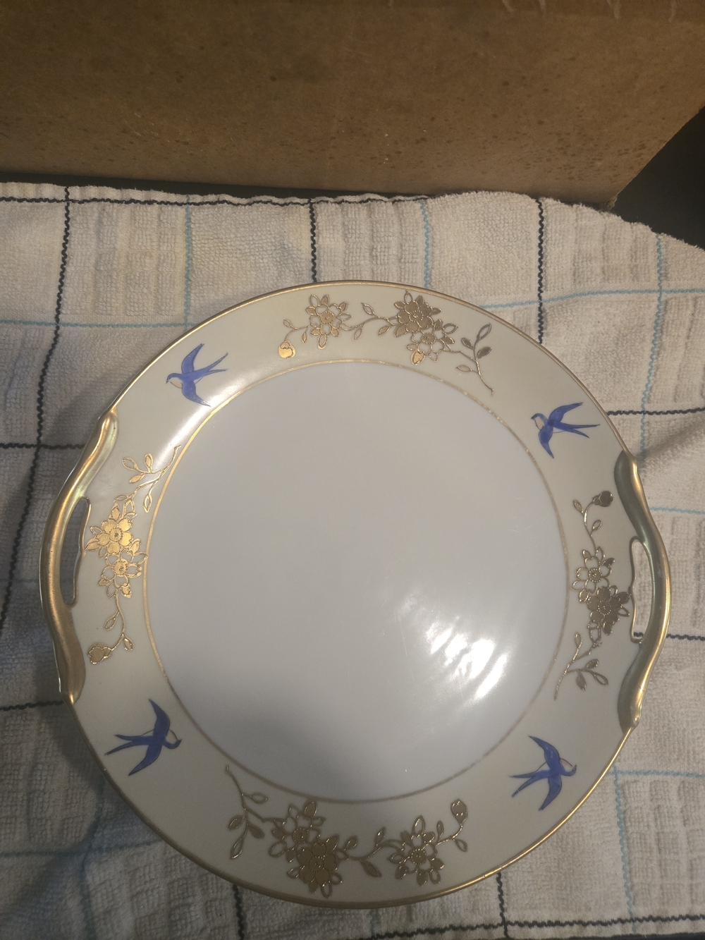 Antique 1920s Noritake HandPainted Bluebird Handled Cake Plate Moriage Gold Gilt